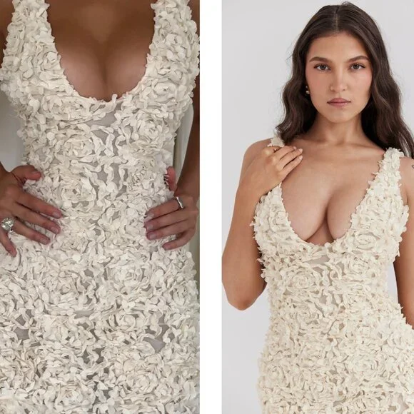 HOUSE OF CB 'Carena' Creme Plunge Floral Appliqué Maxi Dress NWT - Picture 3 of 13